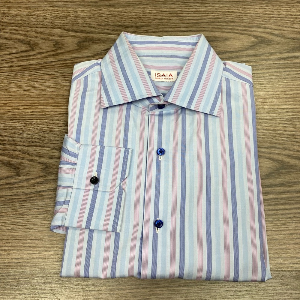 ISAIA Blue w/ Purple & Navy Stripe Shirt 16 34/35